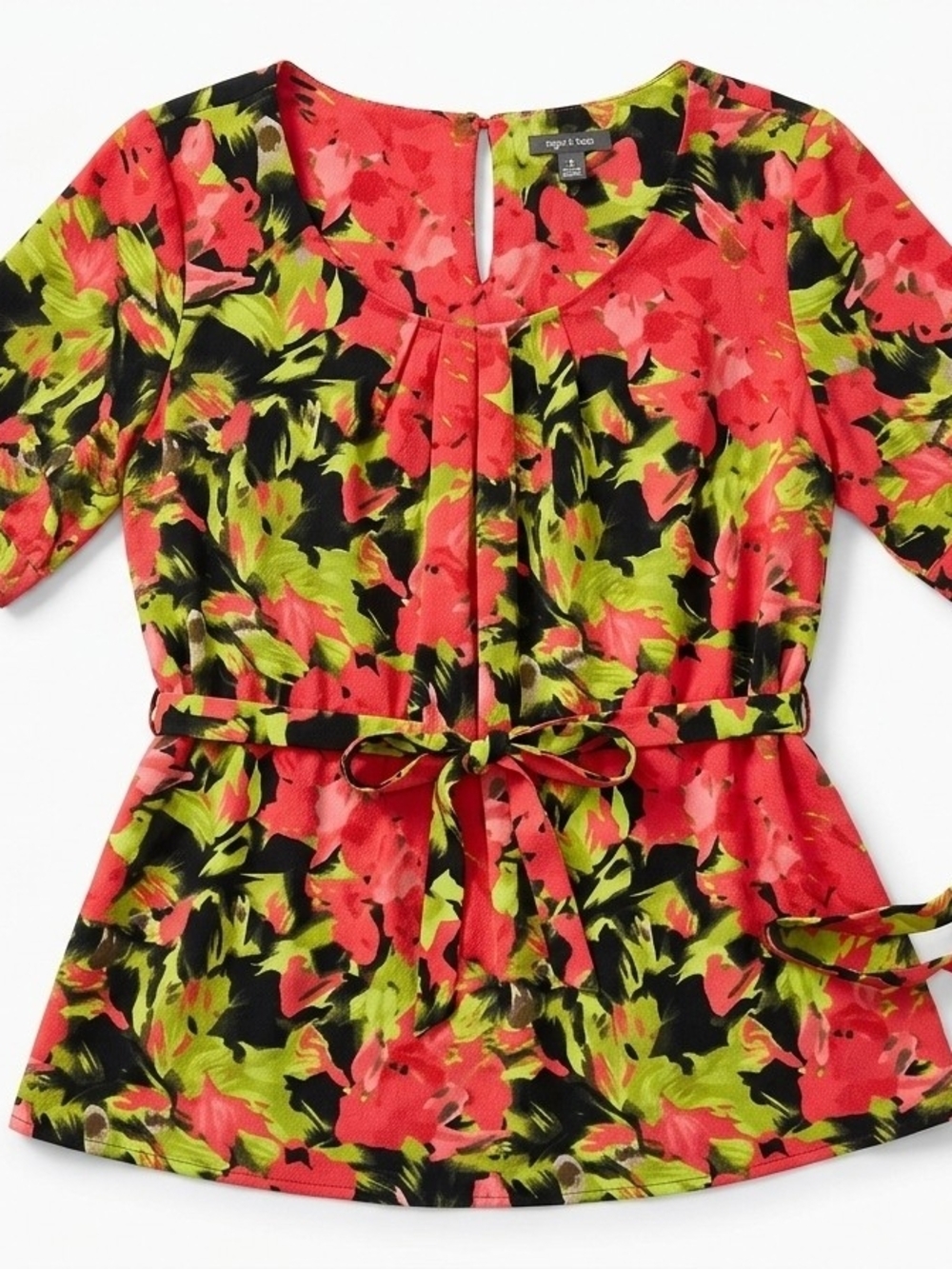 Apt. 9 Coral and Lime Floral Tie-Waist Blouse